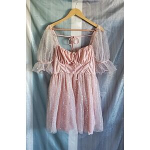 Pink Glitter Tulle Puff Sleeve Square Neck Dress Size‎ L Fairy Festival Glinda